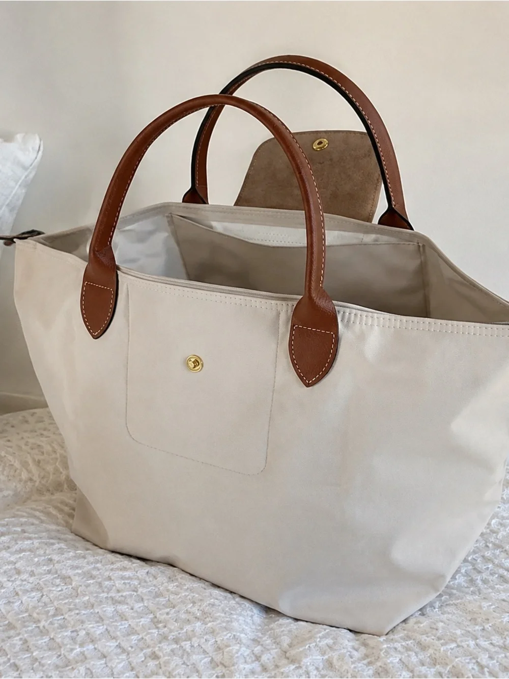 Longchamp Beige Tote with Brown Leather Trim